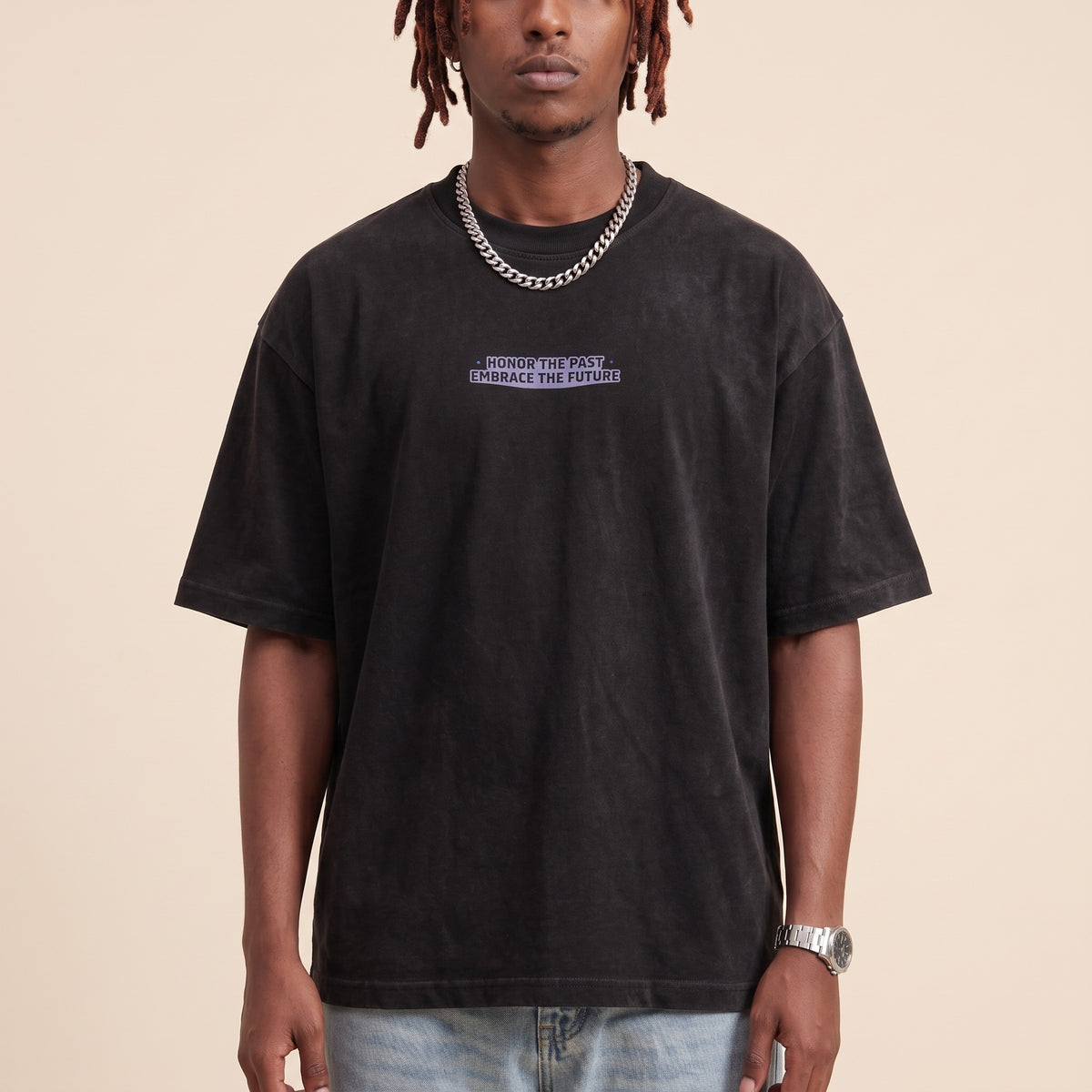 Blackness Honor & Embrace Tee Black — close-up of the Honor the Past, Embrace the Future chest print and ribbed collar, oversized heavyweight cotton streetwear tee by We Are Blackness