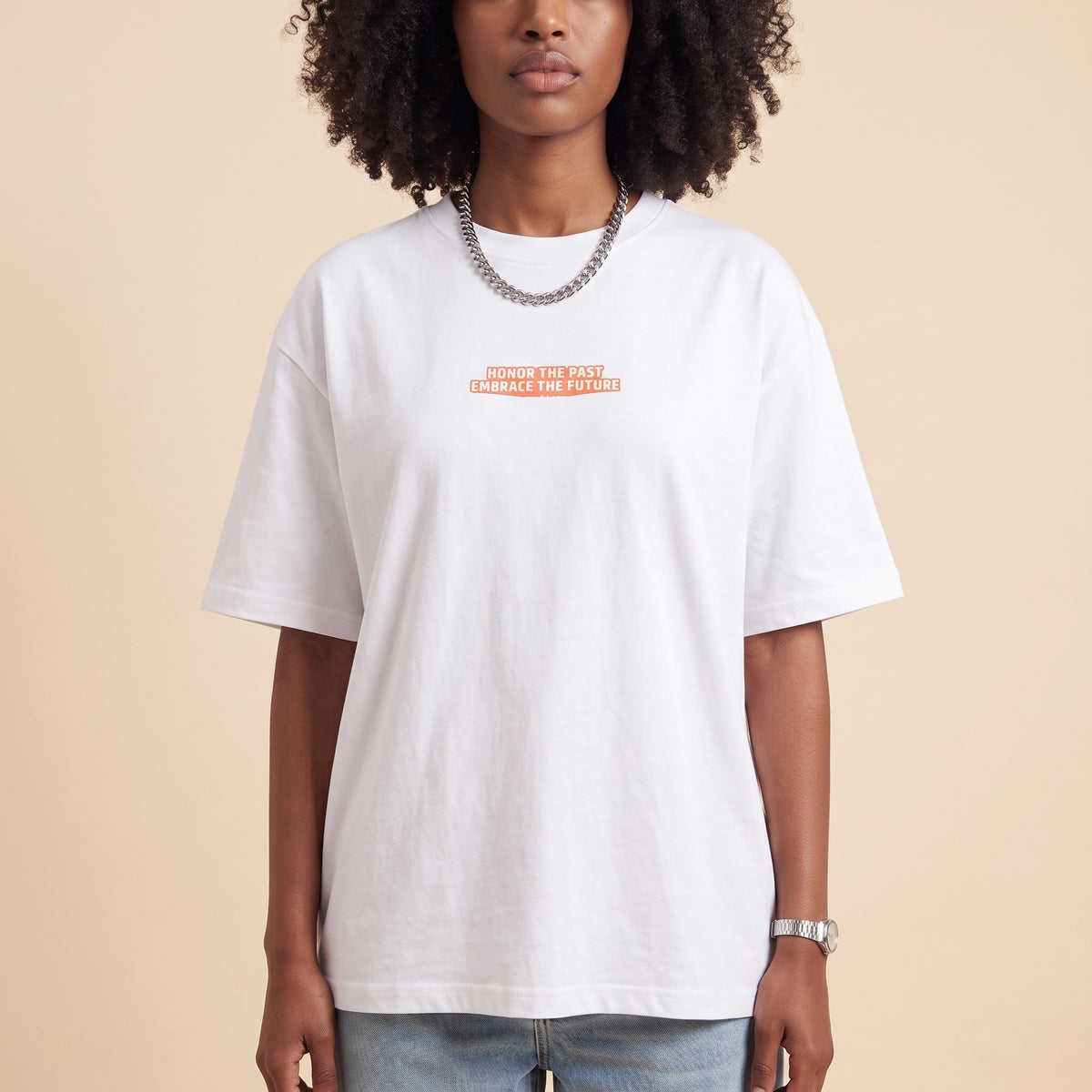 Blackness Honor & Embrace Tee White — close-up of the Honor the Past, Embrace the Future chest print and ribbed collar, oversized heavyweight cotton streetwear tee by We Are Blackness