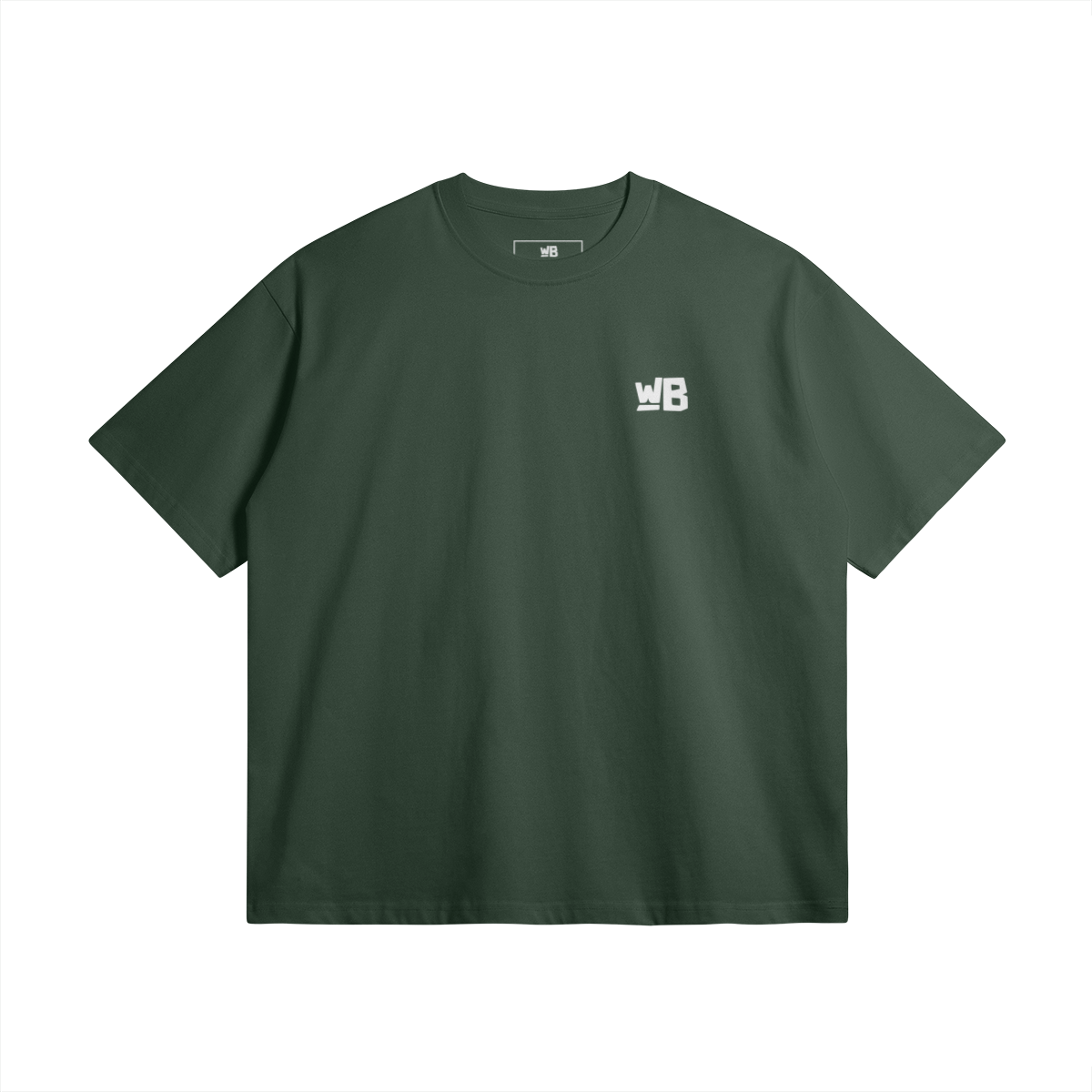 Blackness Sodabi Tee, forest green — flat lay, front with WB chest logo