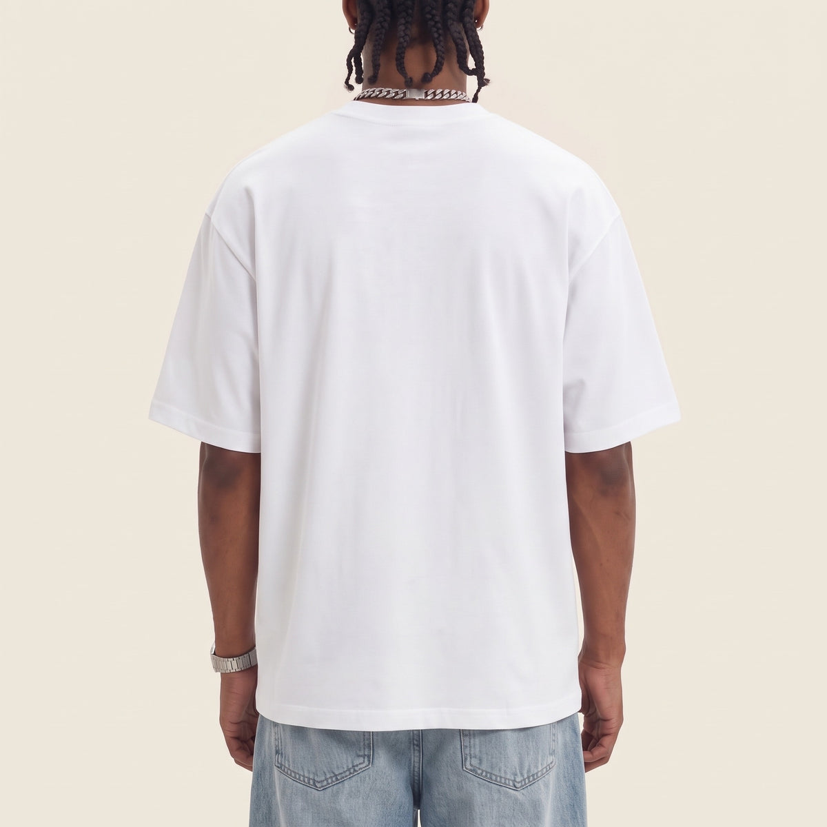 Wear Blackness Tee White — upper back detail, clean plain back and drop-shoulder seams, oversized heavyweight cotton streetwear tee by We Are Blackness